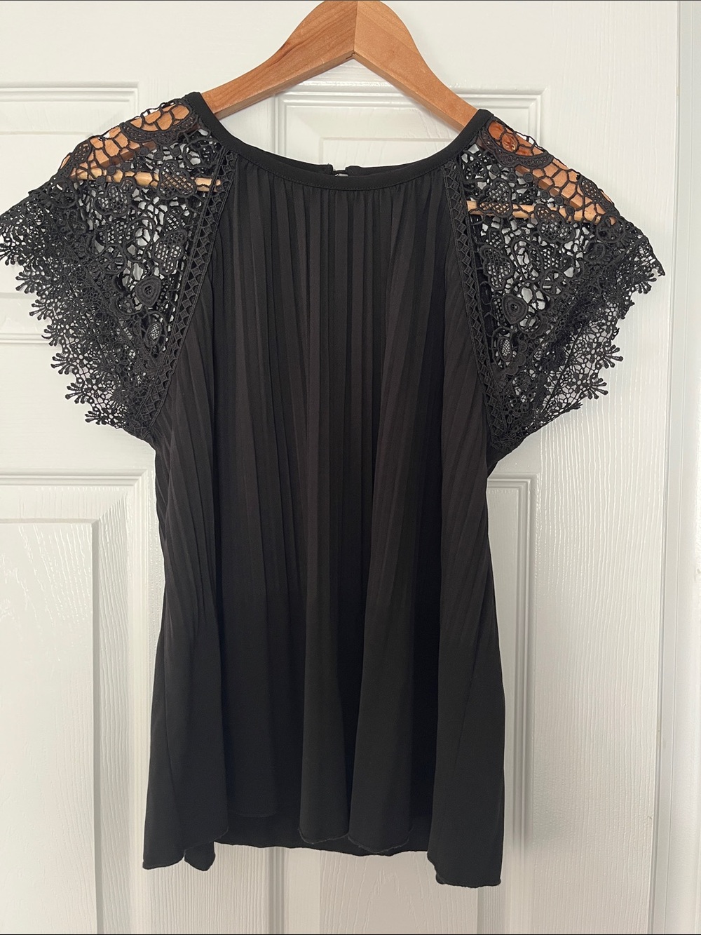 Women's Black Pleated Top with Crochet Lace Sleeves